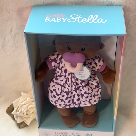 New with tags WEE BABY “STELLA” Brown 12” Soft Baby Doll with magnetic pacifier - Picture 2 of 7